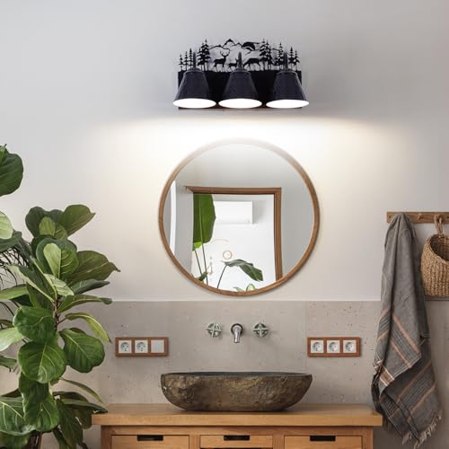 Image of Rustic 3-Light Black Vanity Light Fixtures with Deer Design, E12 Base Farmhouse Bathroom Lighting for Mirror, Cabinet, or Dressing Table (Small, Bulb Not Included)