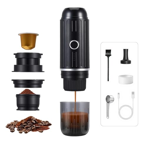Portable Coffee Maker, 12V Coffee Machine with Self-Heating, USB C Charging, 19Bar Pressure for Rich Crema, Travel Coffee Maker Compatible with Ground Coffee & Espresso Capsules, for Camping & Car
