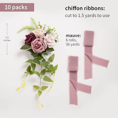 DORIS HOME Wedding Aisle Decorations Mauve Pew Flowers Set of 10 for Wedding Ceremony Party Chair Decor with Artificial Flowers Eucalyptus and Ribbons - Thumbnail 3