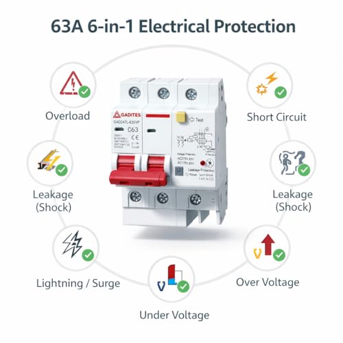 Image of 63 Amp 6-in-1 Electrical Protection Device | Overload, Short Circuit, Leakage (30mA), Lightning, Over & Under Voltage Protection | Switch for Home & Industrial Use (Single Phase)