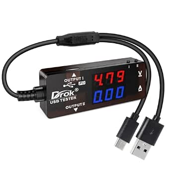 DROK USB Tester with Color LED Display, Dual USB Ports, PD QC 3.0, 7 Modes for Voltage, Current, Power, Capacity Monitoring