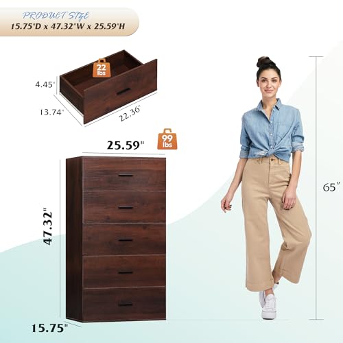 Image of WLIVE Tall Dresser for Bedroom, Wood Chest of Drawers with Mental Handles, Brown Bedroom Dresser with 5 Drawers, Modern Minimalist Closet Store Organizer for Living Room, Hallway