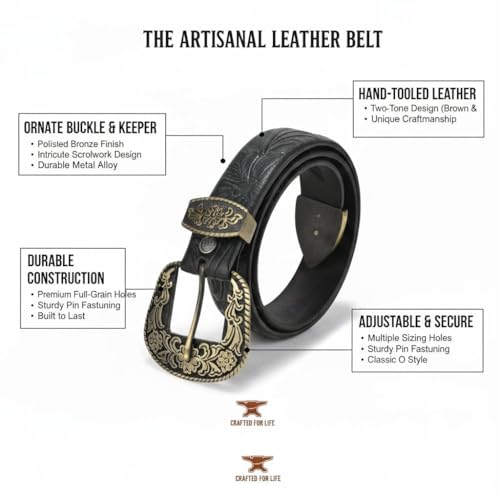 Image of Western Leather Belt for Men & Women, Floral Embossed Cowhide, Durable Rodeo Style for Jeans, Casual Wear & Country Outfits