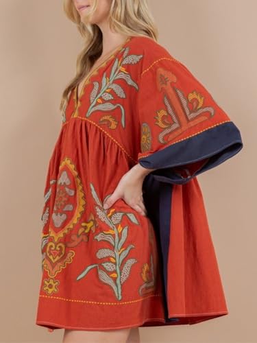 Image of Joiemont Womens Oversized Embroidered Dress with V-Neck and 3 /4 Sleeves Vintage Embroidery Babydoll Dress