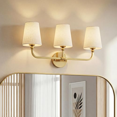 Image of 3-Light Bathroom Light Fixtures, Brushed Gold Vanity Lights with Linen Fabric Shade, Modern Sconces Wall Lighting for Hallway Bedroom, Upward Lighting, VL837-BG-A-3