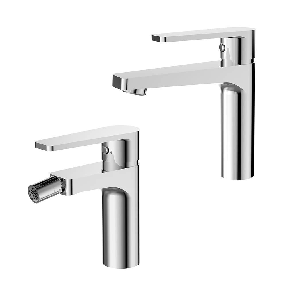 Inbagno Set rubinetti miscelatori lavabo e Bidet Quadrati, Design Squadrato, rubinetteria in Ottone Cromato, Recta