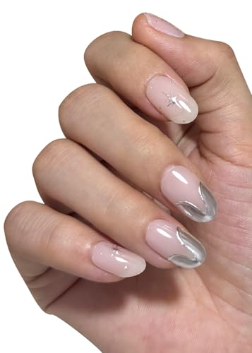 Semi Cured Gel Nail Strips, 20pcs Silver Chrome Stick on Gel Nails for Home Nails DIY