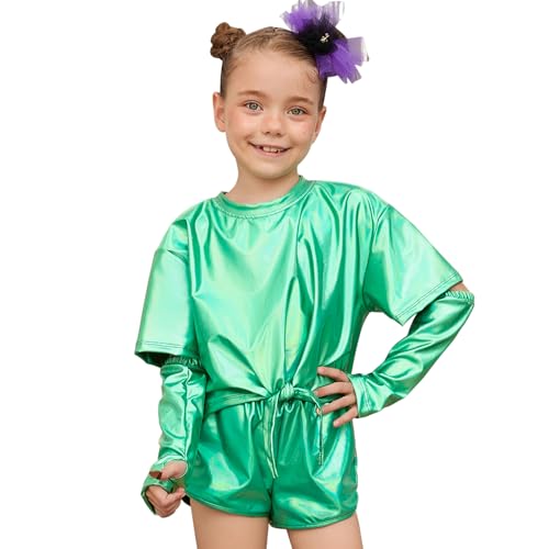 Image of Perfashion Girls Metallic Shirts Shiny Tie Front Knot Crop Top with Arm Sleeves for Dancing Raves Festivals 4-15 Years