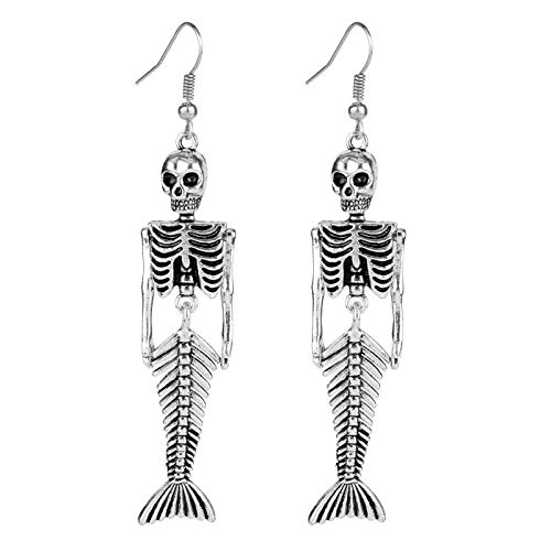 Siver Plated Vintage Human Skeleton Bones and Mermaid Skull Charm Dangle Earrings for Women Man Jewelry