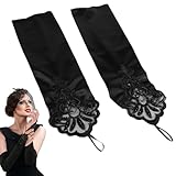 Gants Longs pour Femme, Style Rétro Années 1920, Dentelle et Satin, 42 cm, Élégants et Confortables, Idéal pour Mariage, Fête, Danse, Opéra, Accessoires de Costume, Noir
