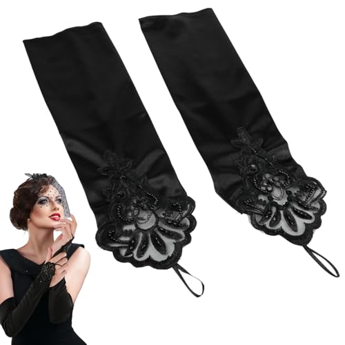 Gants Longs pour Femme, Style Rétro Années 1920, Dentelle et Satin, 42 cm, Élégants et Confortables, Idéal pour Mariage, Fête, Danse, Opéra, Accessoires de Costume, Noir