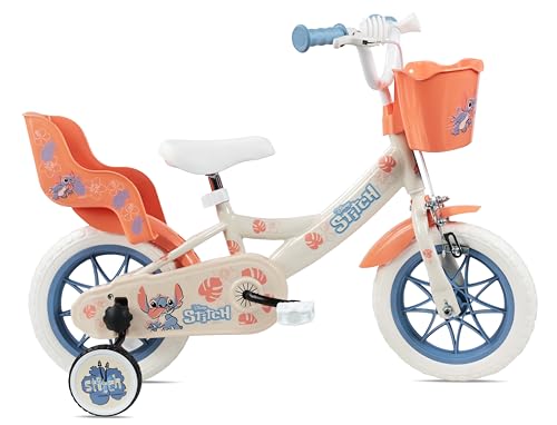 Vélo Enfant 12' Stitch de Disney équipé de 1 Frein, Panier Avant, Porte poupée arrière, Garde boues, Carter et stabilisateurs