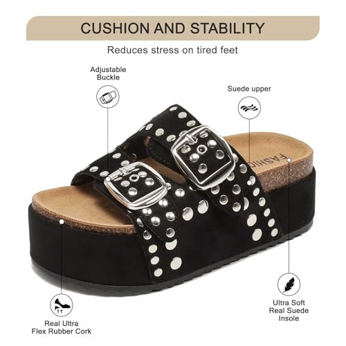 Women's Platform Sandals With Cork Footbed Adjustable Double Buckle Suede Chunky Sandals for Summer Shoes Fashion Thick Soled Mules Slides Beach Wide Widths Studded Sandals Walking Footwear2