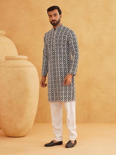 Image of SOJANYA (Since 1958 Men's Cotton Gold Sequence Embroidered Kurta with white Churidaar Pyjama