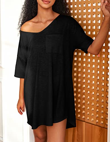 Maxmoda Night Gowns For Adult Women Black Nightgowns Short Sleeve Sleepshirts Sexy Pajama Dress Casual Beach Cover Up Xl #TOP1