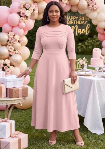 Image of FANDEE Fit-and-Flare Maxi Dress Round Neck Pleated Front Side Pockets | Front pleats soft flatter your bust shape; Empire Waist lengthen your figure; 3 /4 sleeves round neck suit for many occasions