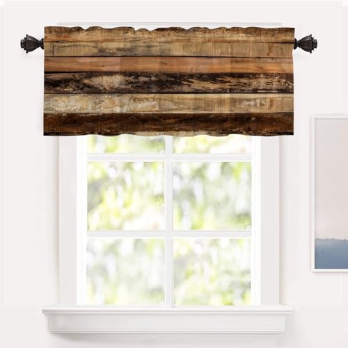 Shrahala Brown Countryside Wooden Texture Kitchen Valances Half Window Curtain, Wood Material Wall Color Old Abrasive for Lumber Kitchen Valances Curtains for Kitchen Decoration 52x18 inch