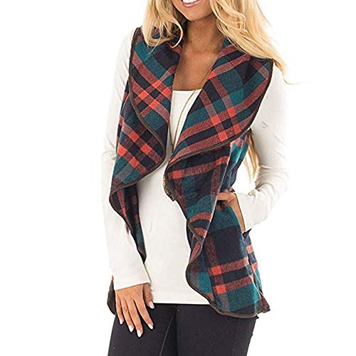 MEIbax Abrigos Mujer Invierno Chaleco para Mujer A Cuadros sin Mangas de Solapa Frente Abierto Cardigan Sherpa Chaqueta Bolsillos