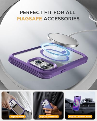 Image of Miracase Magnetic for iPhone 13 Pro Max Case 6.7 inch, (Compatible with MagSafe) Upgrade Full-Body Clear Phone Bumper Case with Built-in 9H Tempered Glass Screen Protector, Magnetic Purple