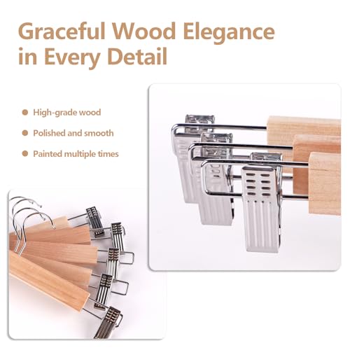 10 Stück 35cm Natur Kleiderbügel aus Holz,Robust Rockbügel, Hosenbügel mit 360° Drehbar Haken, Metall Kleiderbügel Platzsparend mit rutschfest Clips für Hosen Socken Röcke (Holzfarbe)