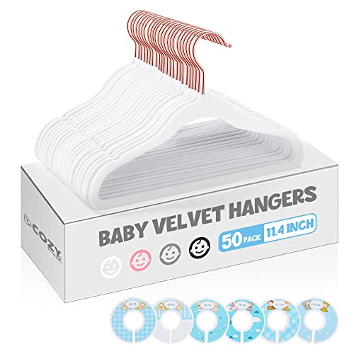Image of COZYMOOD Velvet Baby Hangers, 50 Pack, Non-Slip, Ultra-Thin, Space Saver, White