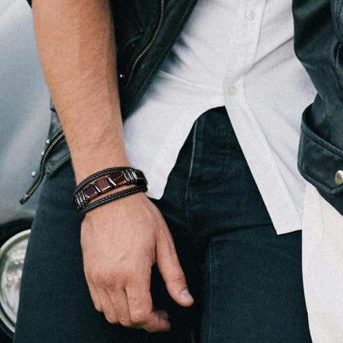STARCHENIE Multi Strand Bracelet for Men Square Authentic Tiger Eye Black Braided Leather Mens Bracelet and Stainless Steel Buckle3