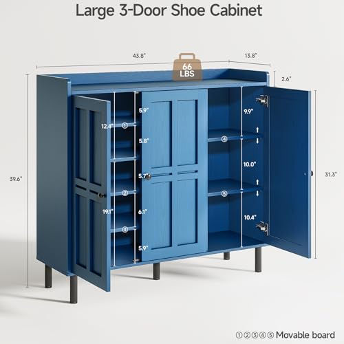 Image of ONBRILL Shoe Cabinet with 3 Doors and Adjustable Shelves, 30 Pairs Shoe Storage Cabinet, 40 Inch Tall Farmhouse Shoe Rack Shoe Organizer Cabinet for Entryway Living Room Closet, Blue