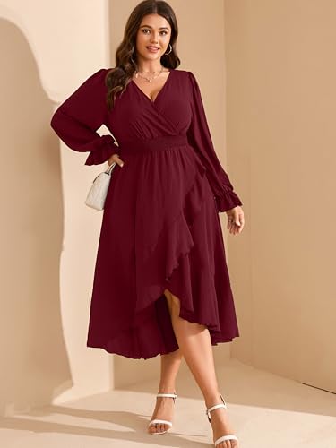 Image of RWJ Women's Plus Size Wedding Guest Maxi Dress Wrap V Neck Long Sleeve High Low Ruffle Cocktail Fall Dresses