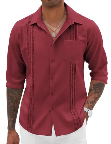COOFANDY Men's Casual Button Down Shirts Cuban Guayabera Shirts Long Sleeve Summer Dress Shirts Burgundy