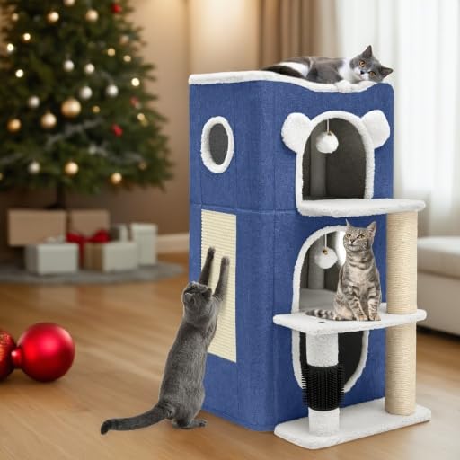 YITAHOME Cuccia per gatti da interni, moderna casetta per gatti con grotta autostradale, palo antigraffio e prurito, supporto per arrampicata, casetta per gatti multipli (blu)