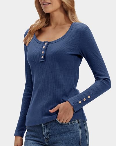 Stelle Scoop Neck Long Sleeve Tops for Women Henley Ribbed Knit Casual Shirts Button Fashion Clothing Denim Large — view 3
