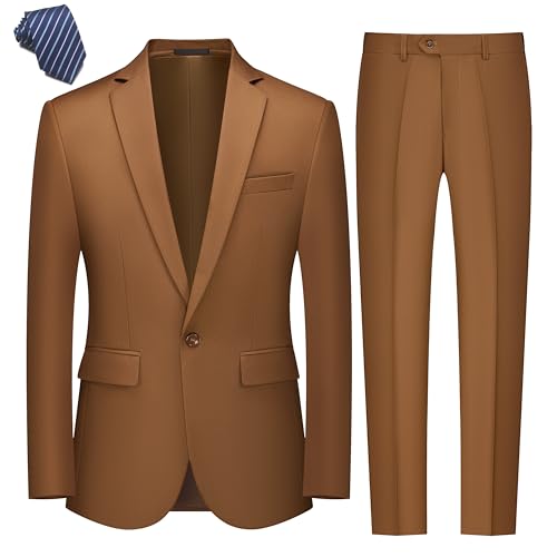 Mens Suit 2 Piece One Button Blazer Jacket Pants Tie Set Slim Solid Tux Suits for Prom Wedding Business Brown