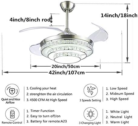 Miniatura 6 de Ventiladores de techo invisibles de cristal de 42 pulgadas con luces, control remoto retráctil, 3 colores, 3 velocidades, LED silencioso, moderno,