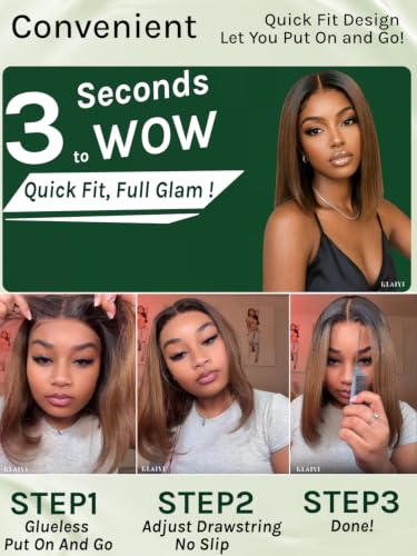 Image of KLAIYI Bye Bye Slip Ombre Chestnut Brown Glueless Precut 7x5 Yaki Straight Bob Wig Human Hair Drawstring Pre Plucked Bleached Knots Pre Everything 30S Ready to Wear and Go Wig with Dark Roots 10Inch