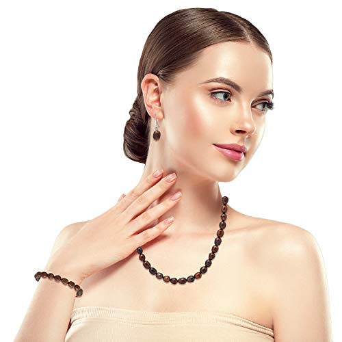 Sea Of Ice Baroque Freshwater Dark Brown Pearl Oval 10X8Mm Necklace Bracelet And Dangle Earrings Silver Jewelry Set For Women #TOP2