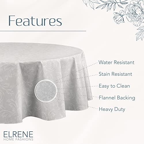 Elrene Home Fashions Camile Floral Damask-Scroll Water- and Stain-Resistant Vinyl Tablecloth with Flannel Backing, 60 Inches X 84 Inches, Oval, Gray/White - Thumbnail 4