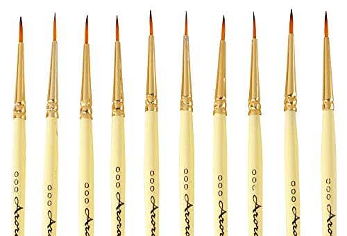 Image of Arora Detail and Script Liner Round Paintbrush of 000 Number Fine Set of 10 for Watercolor, Acrylic and Intricate Painting Yellow, Wood