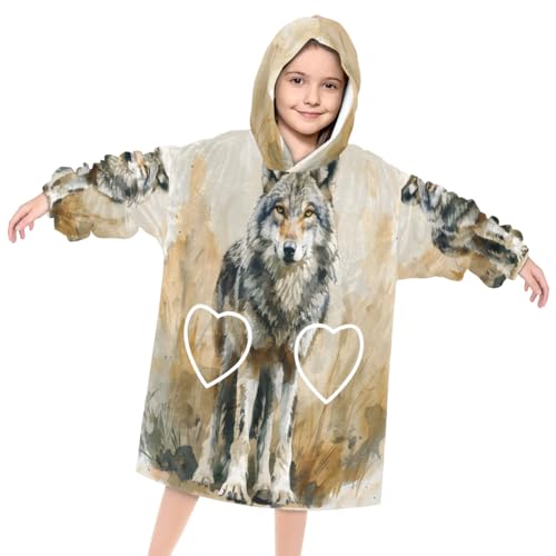 Pardick Wearable Blanket Hoodie for Kids, Watercolor Wolves Fleece Sweatshirt Blanket Oversized Blanket Sweatshirt with Pocket Flannel Warm Hooded Blanket 6-10 Year Old Girl Boy Gift, One Size