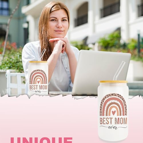 Best Mom Gift for Mother from Daughter Son, Gifts for Mom Iced Coffee Cup, Unique Mom Birthday Gifts, Thank You Mom Gift Ideas for Mother, 16oz Glass Cup with Lid and Straw