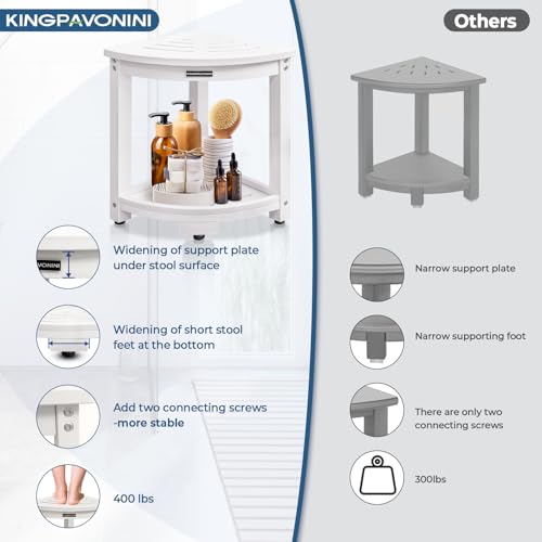 KingPavonini Waterproof Corner Shower Stool for Inside Shower, Anti-Fading Shower Bench for Shaving Legs, HDPS Anti-Fracture Shower Seat with Storage Shelf, Rapid Assembly, Load 400 Pounds