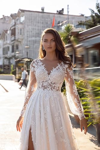 Deep V Neck Wedding Dresses for Women Long with Puffy Sleeves Lace Wedding Gowns DR0001-143