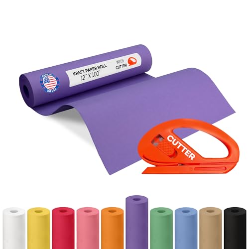 Image of Purple Kraft Paper Roll 12 inch x 1200 inch (100 feet) with Cutter - USA-Made Wrapping Paper for Packing, Moving, Shipping & Crafts /Arts - 100% Recyclable Natural Craft Material by IDL Packaging