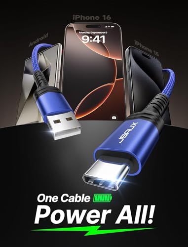 Image of JSAUX USB C Cable [2-Pack 6.6ft], USB A to USB C for iPhone, Samsung, Blue | Type C Fast Charging Cord for iPhone 17e, iPhone 17 /16 /15 Series, iPad 10, Samsung Galaxy S20 S10 S10+, LG V30, Car Play