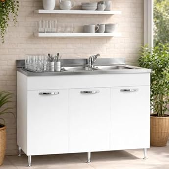 Foto di Linea Azzurra Sottolavello 120 Solo Mobile Cucina con 3 Ante in Legno Made in Italy H85xL120xP50 cm Facile da Montare (Vasca a Sinistra, Bianco Frassinato)