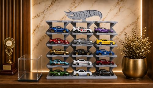 Image of Premium 18-Car Display Rack in Grey for Hot Wheels & 1:64 Scale Cars, Eco-Friendly Biodegradable Plastic, 24 cm H x 22.3 cm B x 4.8 cm W (***Toy Cars NOT Included***)