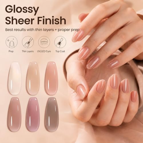 Image of Beetles Nude Gel Nail Polish Set - 6 Colors Neutral Nude Jelly Gel Nail Polish Kit Sheer Transparent Effect Soak Off UV DIY Dusky Mocha French Nail Art Manicure Gifts for Women