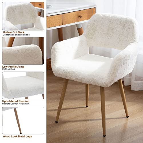White Faux Fur Dining Chair, Mid Century Side Chairs,Vanity Chair Desk Chair Small Home Office Accent Chair Cute Chair With Metal Legs For Dining Room Living Room #TOP3