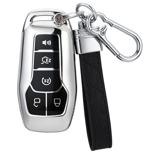 Suitable for Ford Key Fob Cover with Keychain Soft TPU Full Protection Key Fob Case for Ford Fusion Mustang F150 Edge Explorer Lincoln MKZ MKC MKX Remote Key (Type A Silver Key Case + key chain)