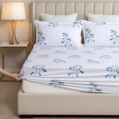 Image of HOMEMONDE Cotton Fitted Sheet Double Size Elastic Fitted Bedsheets with Two Pillow Covers |186 TC | Floral Design (78 X 60 inch, Turquoise & Blue) | Perfect for Home Decor & Gifting