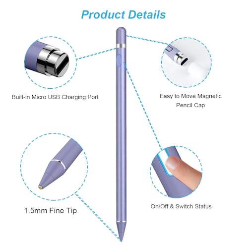Image of DOGAIN Active Stylus Pen for Touchscreen, iPad Pencil 1.5mm Fine Point Pen, Digital Pens Rechargeable for Tablet, Stylus Pens Compatible with iPad Air /Mini /Pro /Android /iPhone and Most Device - Purple